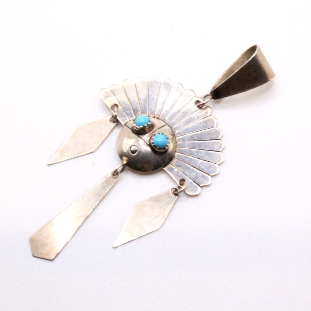 Vintage Sterling Silver Figural Sun Face Navajo Turquoise 3" Long Pendant